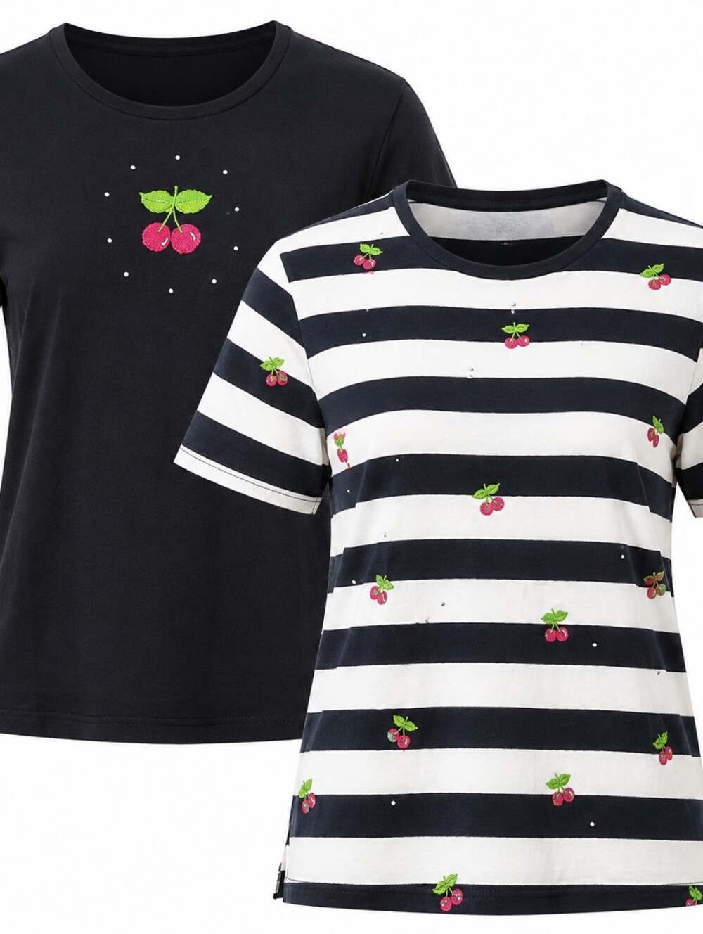 QUACKER FACTORY | 2pc Cherry Rhinestone Embroidered Novelty Cotton Tees |‎ 1X